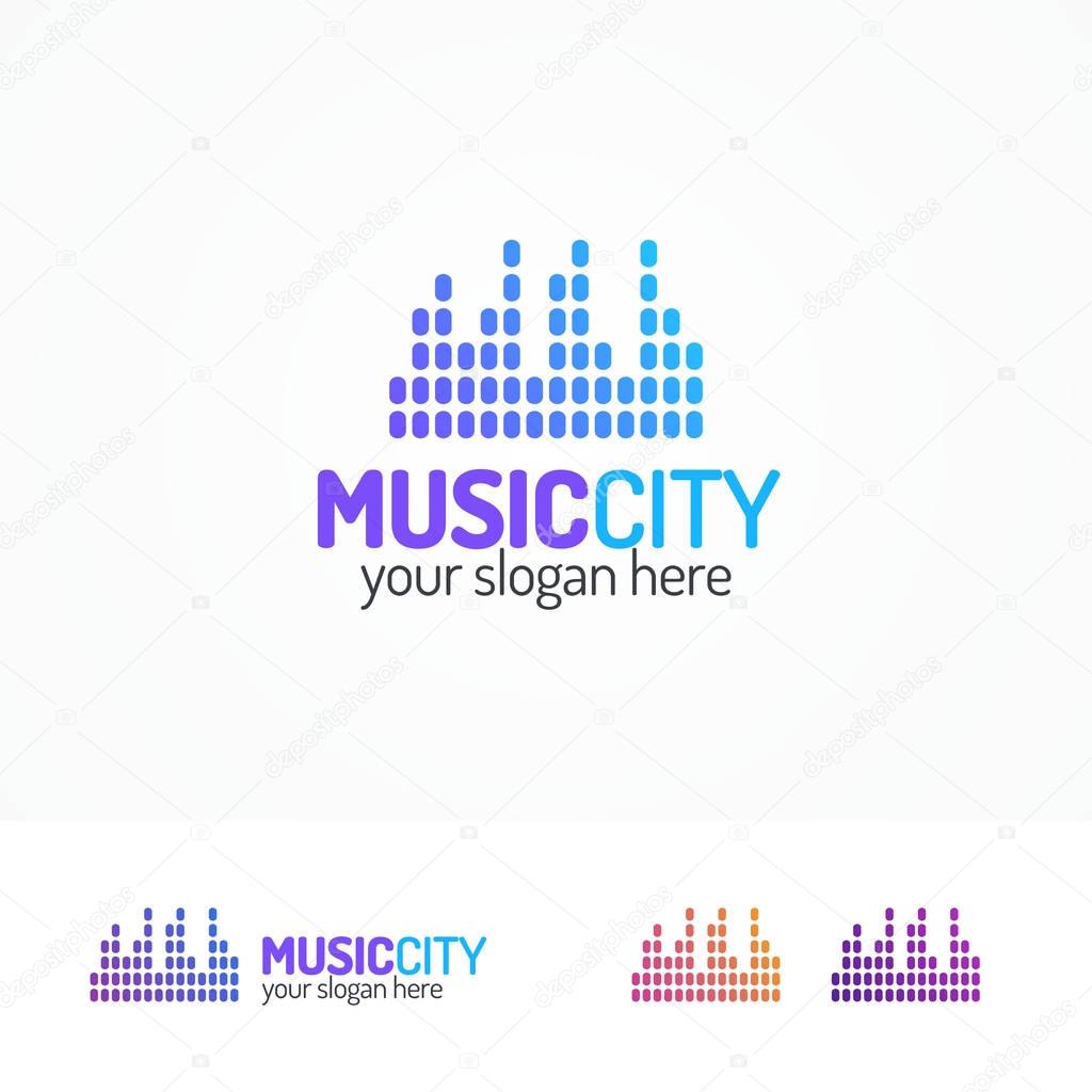 Music city logo set flat modern color style isolated on white background for use music shop, record studio, sound technology etc. Vector Illustration