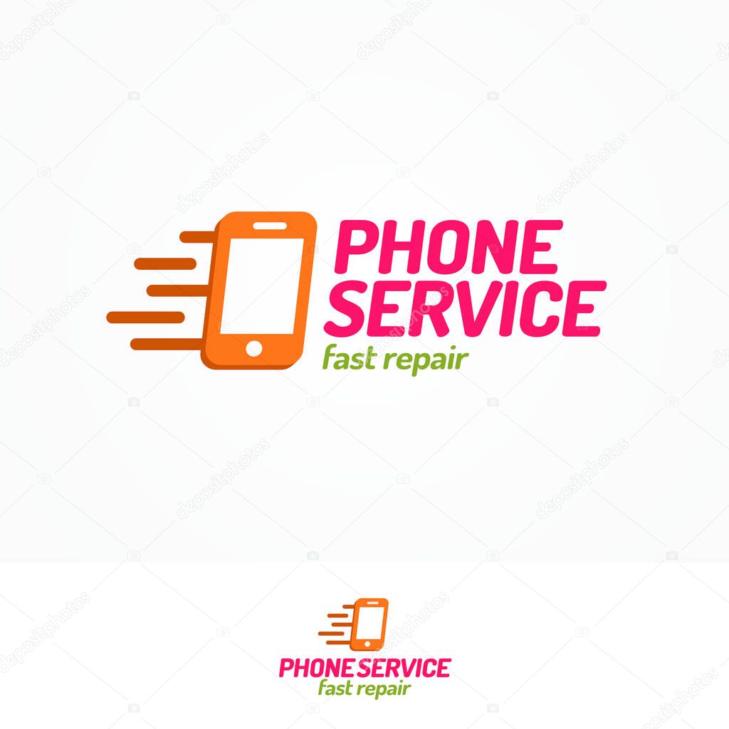 Phone service logo set with silhouette phone and sign fast repair flat color style can use for mobile shop, smartphone store, fix. Perfect for your business design. Vector Illustration