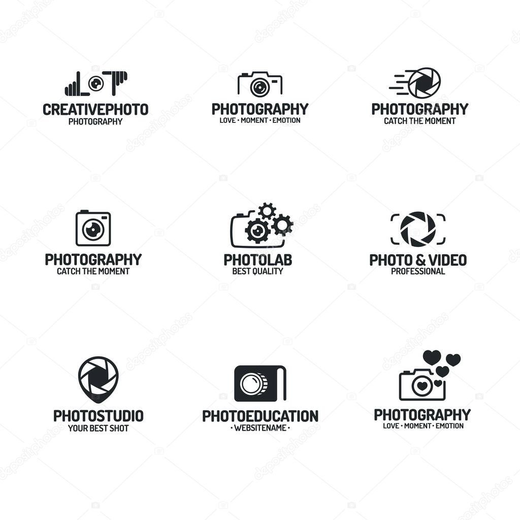 Photography logo set black color style for use photostudio, photoeducation, photoalbum, photoschool, photolaboratory, food photo, wedding etc. Vector Illustration