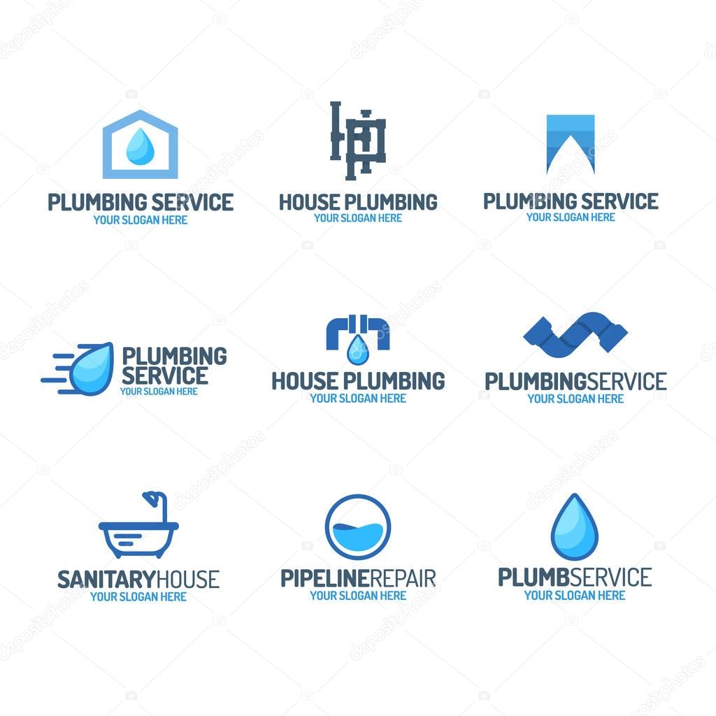 Plumbing service logo set color style for used plumbing and heating company, sanitary and hygiene firm, fix and repair leak and pipe etc. Vector Illustration