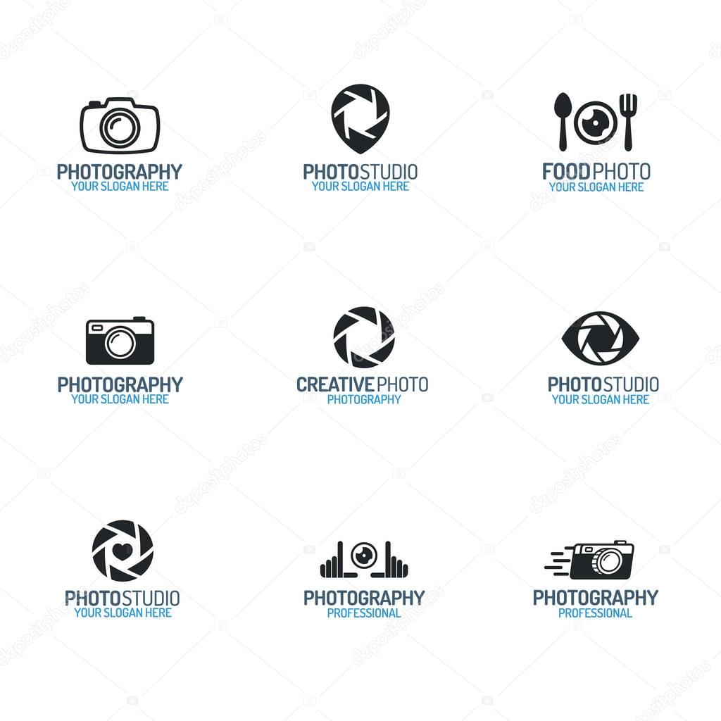 Photography logo set black color style for use photoschool, food photo, photolaboratory, photostudio, photoeducation, photoalbum, wedding etc. Vector Illustration