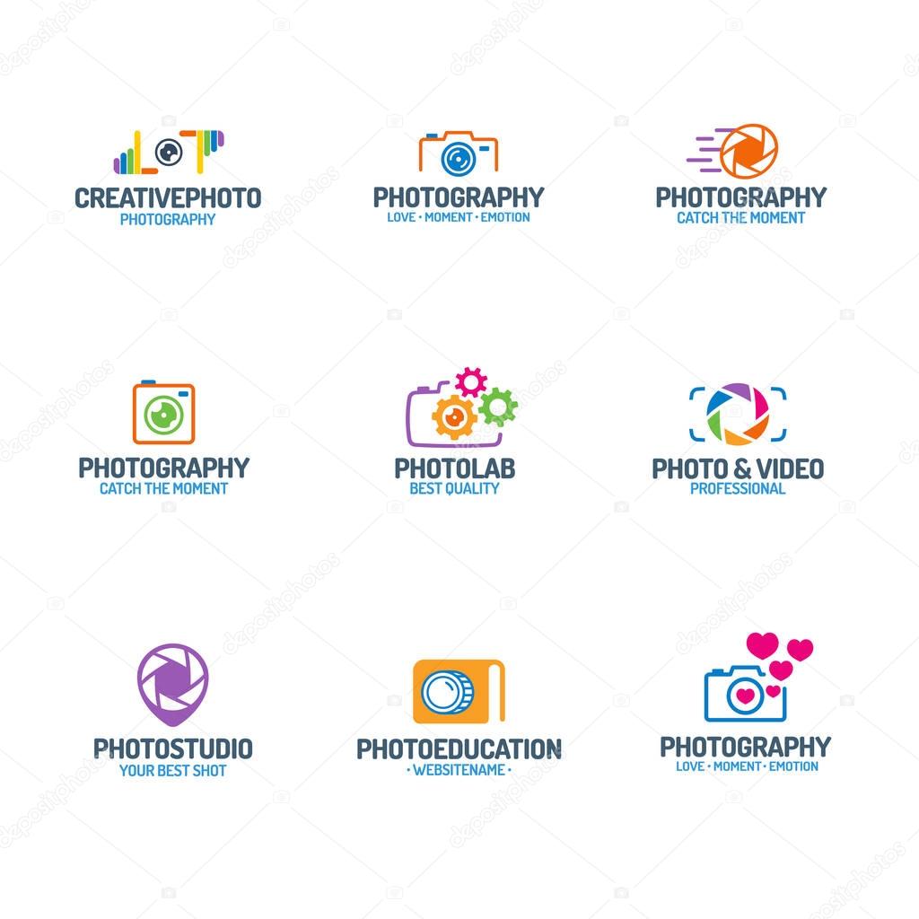 Photography logo set different color style for use photoschool, food photo, photolaboratory, photostudio, photoeducation, photoalbum, wedding etc. Vector Illustration