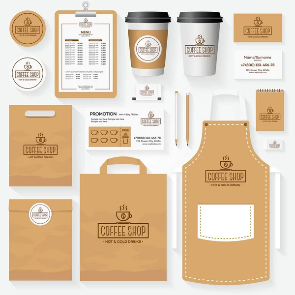 Kahve Dükkanı kurumsal kimlik şablonu fincan kahve logo ile. — Stok Vektör