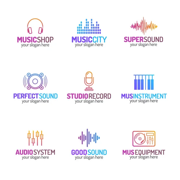 Logotipo da loja de música conjunto com diferentes ícones de cor estilo moderno —  Vetores de Stock