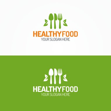 Sağlıklı gıda logosu set oluşan siluet, kaşık, bıçak, çatal ve yaprakları