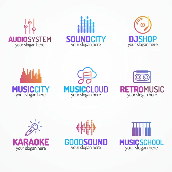 Logotipo de música conjunto com ícones diferentes estilo de cor moderna —  Vetores de Stock