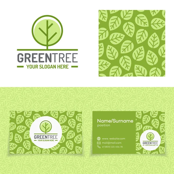 Green tree logo set consisting of emblem, leaves pattern and business card — Stock Vector