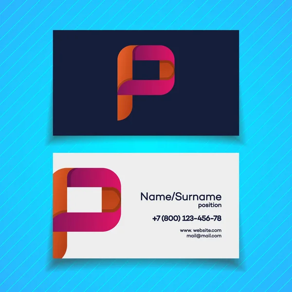 Modèle de conception de carte de visite avec logo lettre P style de couleur moderne sur fond bleu — Image vectorielle