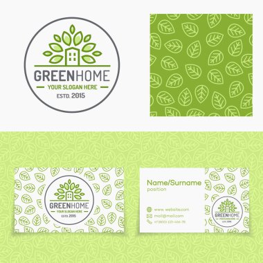 Yeşil ev logo amblem, desen ve kartları için doğal ürün çarşı seti