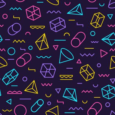 Satır geometrik farklı şekiller ve çizgiler oluşan geometrik Dikişsiz desen renk stili. Renkli geometrik seamless modeli. Hipster memphis tarzı. Vektör çizim