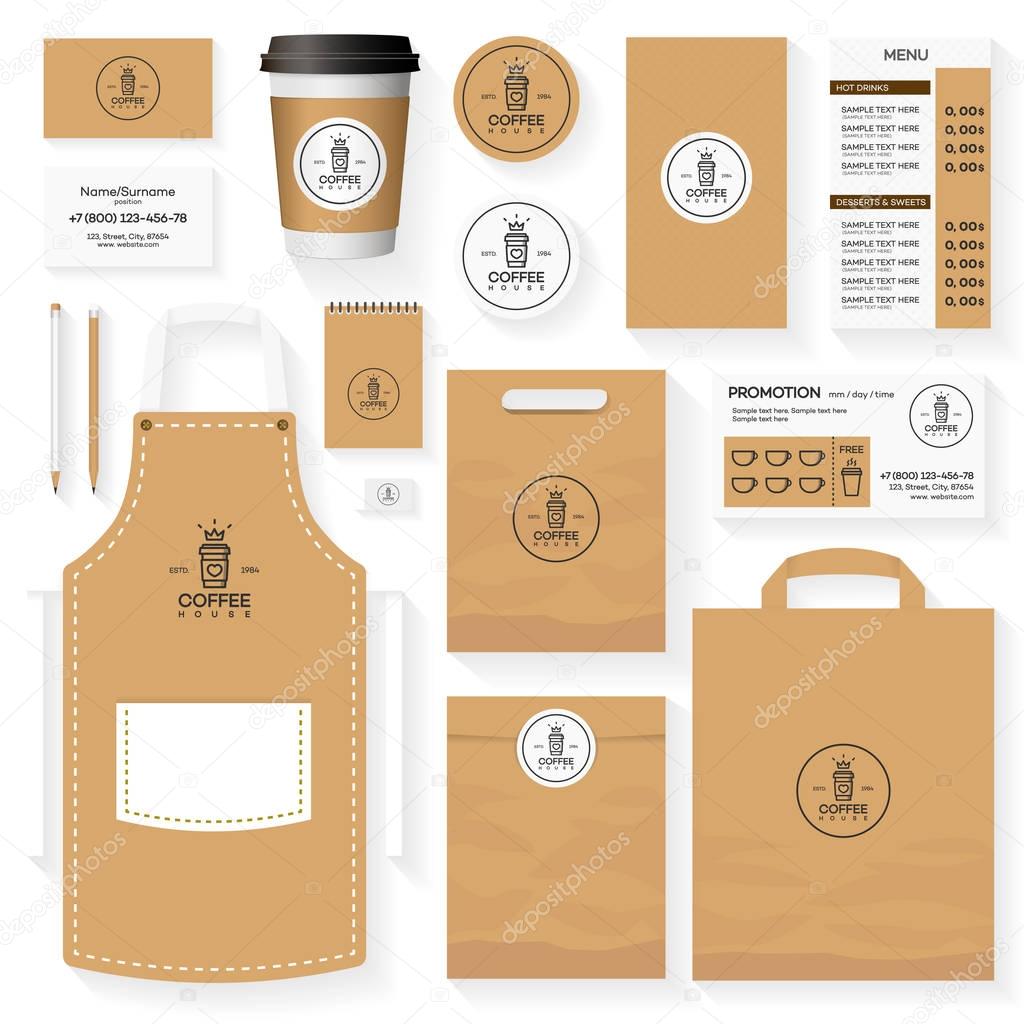 Coffee house corporate identity template design set with coffee house logo and glass of coffee. Restaurant cafe set card, flyer, menu, package, uniform design set. Stock vector