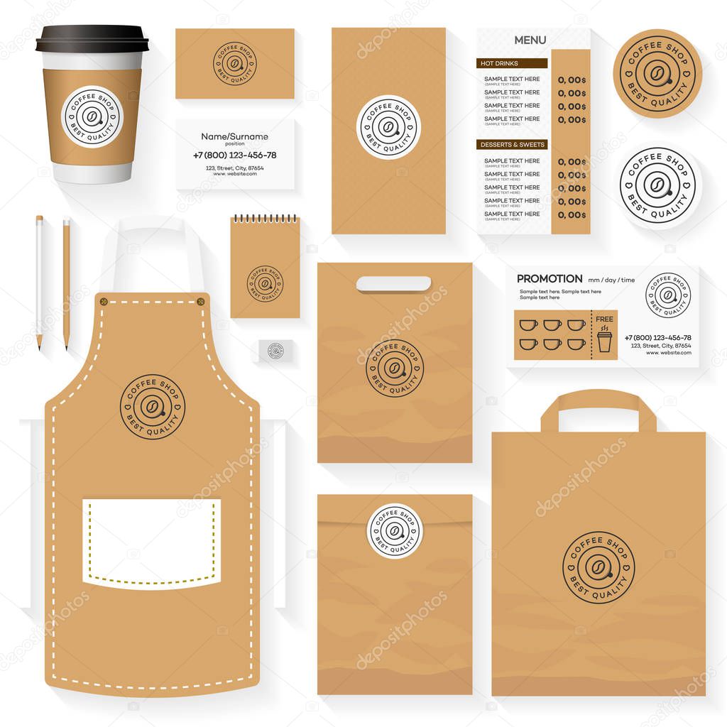 Coffee shop corporate identity template design set with coffee shop logo and coffee bean. Restaurant cafe set card, flyer, menu, package, uniform design set. Stock vector