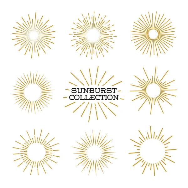 Conjunto de elementos de design sunburst cor de ouro isolado no fundo. Elementos de estilo vintage para design gráfico e site. Elementos de raios de luz vetoriais. Ilustração vetorial —  Vetores de Stock