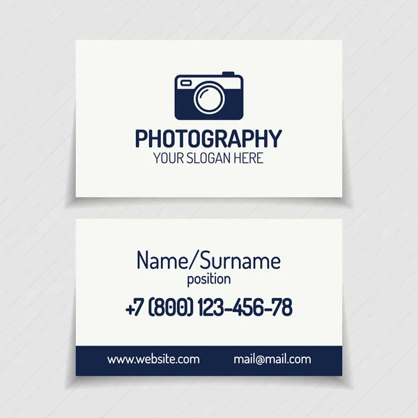 Business card with photography emblem and silhouette photocamera flat style — Stock Vector