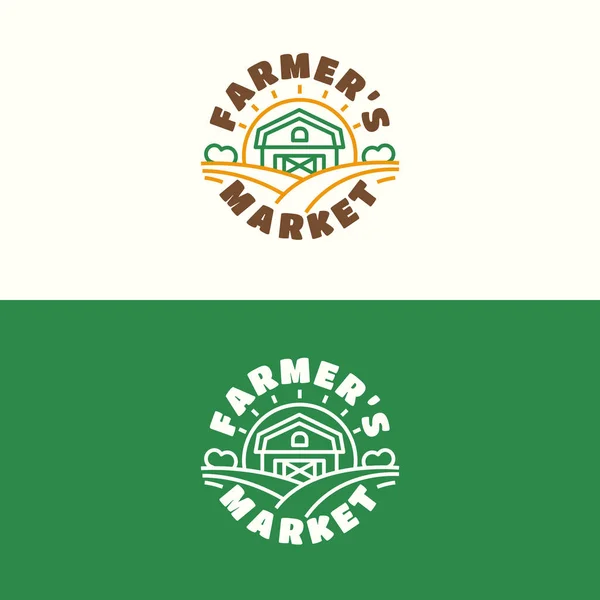 Emblema do mercado de agricultores conjunto com cowshed e linha de cores de campo — Vetor de Stock
