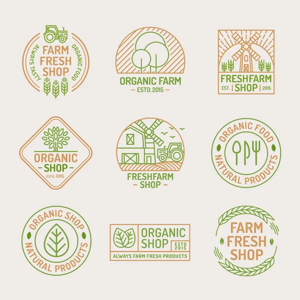 Farm fresh and organic shop logo set for healthy food market — Stock Vector