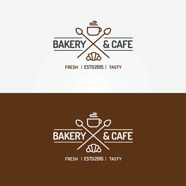 Panadería y café logo conjunto con croissant, taza de té y cucharas — Vector de stock