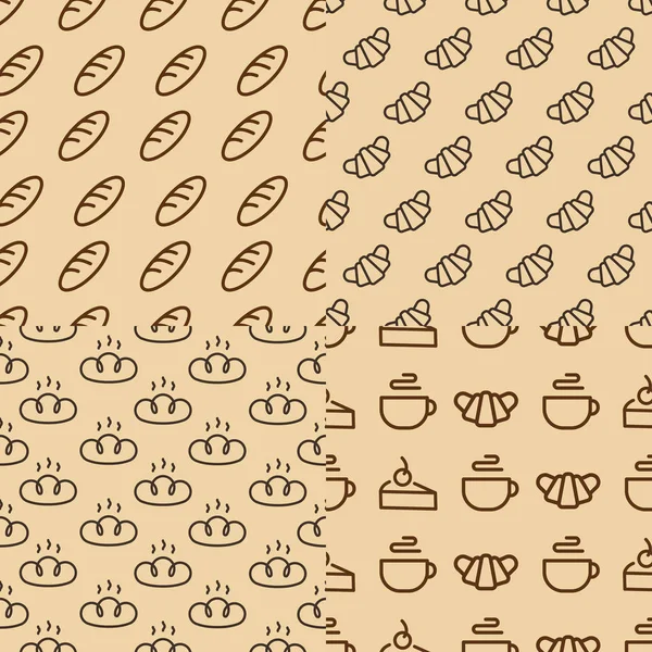 Ensemble de motifs sans couture de boulangerie composé de pain, croissant, tasse de thé, gâteau pour magasin de pain — Image vectorielle