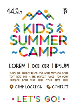 Çocuklar yaz kampı poster dağlarında, oluşan doğa manzara ile tatil partisi için ağaçlar fest