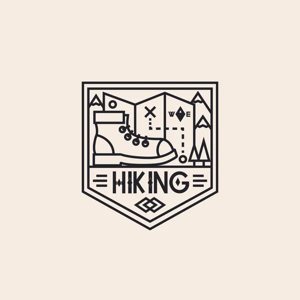 Hiking logo consisting of boot, maps and landscape line style for explore emblem — Stock Vector