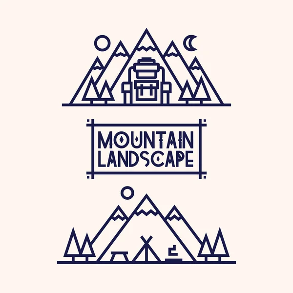 Mountain landscape set consisting of camp, mountains, backpack and tree for camping emblem — Stock Vector