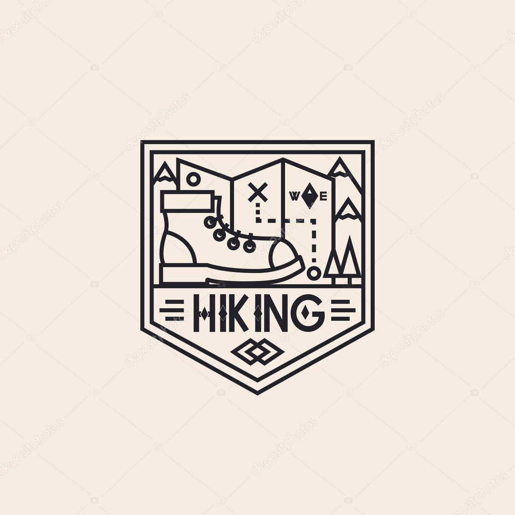 Hiking logo consisting of boot, maps and landscape line style for explore emblem — Stock Vector