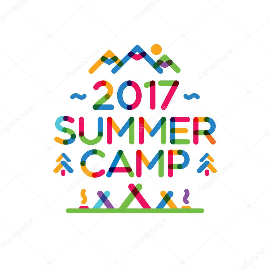 Summer camp 2017 card with nature landscape consisting of mountains, trees, tent and campfire for holiday party