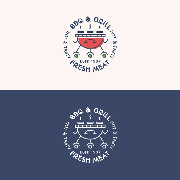 BBQ e grill logo impostare colore e stile linea con segno di carne fresca per la festa barbecue, emblema barbecue — Vettoriale Stock