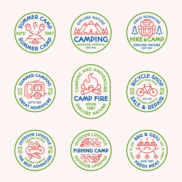 野营会徽设置旅游符号颜色线条样式，探索徽标，旅行徽章 — 图库矢量图片