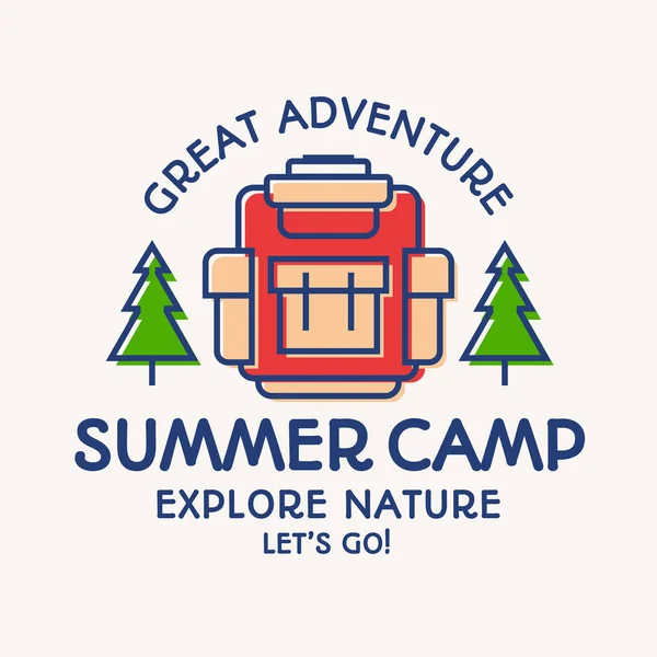 ハイキング、夏のキャンプのカード色線スタイルを探るエンブレム、ステッカー、旗、子供キャンプ ハイキング — ストックベクタ