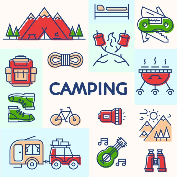 Tarjeta de camping que consta de campista, montaña, mochila, bicicleta para la insignia de viaje, campamento de niños — Vector de stock