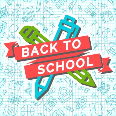 Geri okul şerit kartıyla okul, kalem ve okul malzemeleri seamless modeli üzerinde kalem