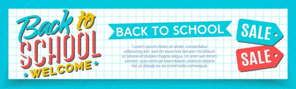 Terug naar school banner met kleur label en school verkoop aan geruite boord — Stockvector