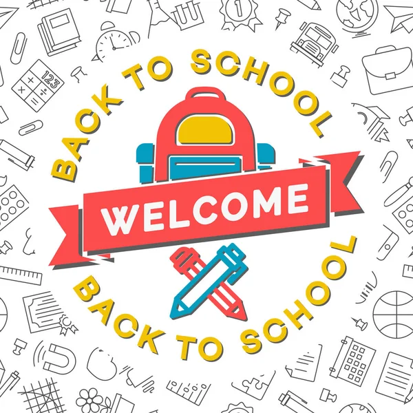 Okul kartı okul sırt çantası, kalem ve kurşun kalem ile hoş geldiniz