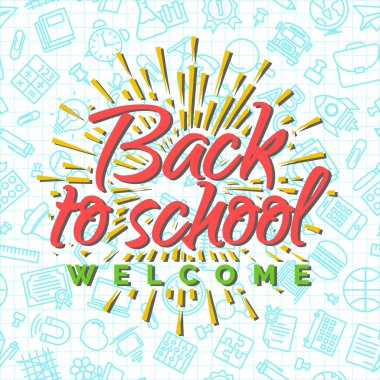 Okul malzemeleri seamless modeli üzerinde okul arka plan Sunburst tekrar hoş geldiniz. Mutlu okul yıl. Geri okul arka plan için. Geri okul alışveriş için. Süper Satılık. Vektör çizim.