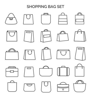 Alışveriş çantası ince çizgi simgeler siyah renk ve beyaz arka plan üzerinde izole düz Stil kümesi. Vektör çizim