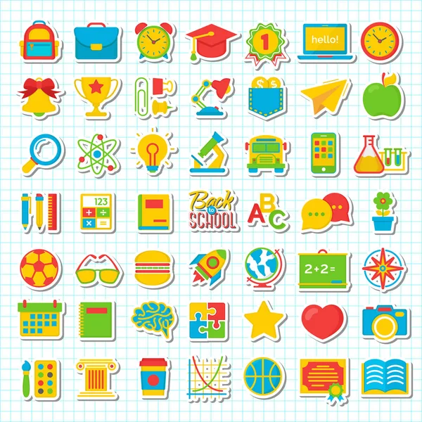 Set von Schule und Bildung Farbe flache Symbole Schulmaterialien auf kariertem Hintergrund. Vektorillustration. — Stockvektor