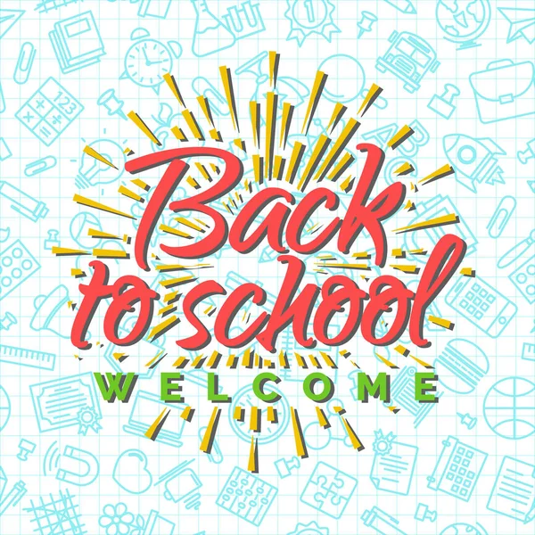 Okul malzemeleri seamless modeli üzerinde okul arka plan Sunburst tekrar hoş geldiniz. Mutlu okul yıl. Geri okul arka plan için. Geri okul alışveriş için. Süper Satılık. Vektör çizim.