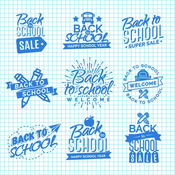 Sunburst, şerit, elma, okul çantası, kalem, kalem ve Kağıt Uçak damalı zemin üzerine izole okul etiketle tekrar hoşgeldiniz kümesi. Geri okul alışveriş için. Süper Satılık. Vektör çizim.