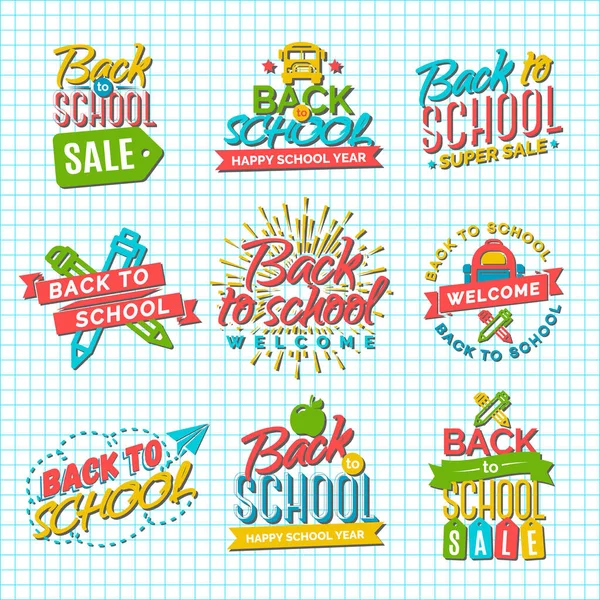 Set Welkom terug op school label met de levering van de school op de geruite achtergrond. Terug naar School achtergrond. Terug naar school super winkelen. Super verkoop. Vectorillustratie. — Stockvector