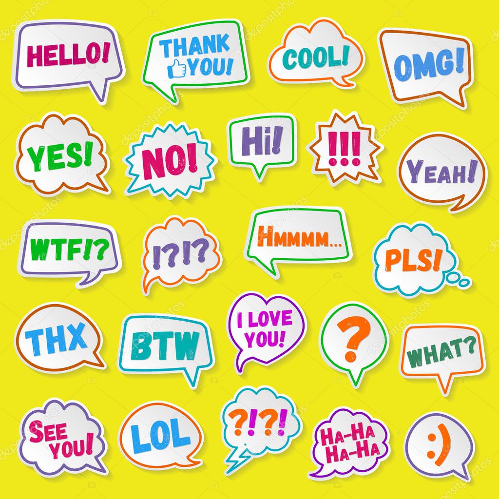 Stickers of speech bubbles color set with shadows. Acronyms and abbreviations. Vector Illustration