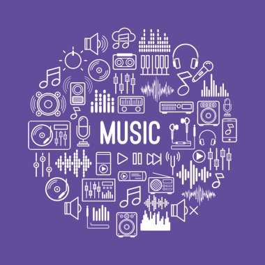 Müzik arka plan üzerinde Lila arka plan izole simgeler ince çizgi stili ile. Vektör tasarım öğeleri, işaret, logo, kimlik ve işiniz için marka diğer nesneleri. Vektör çizim