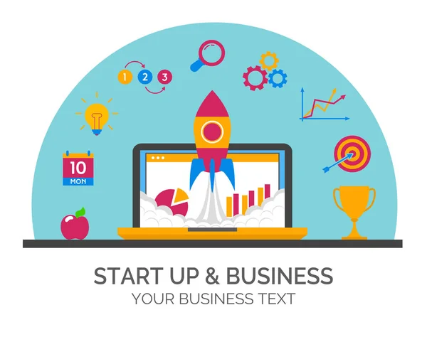 Start up e concetto di business con icone di business in stile piatto. Pe — Vettoriale Stock