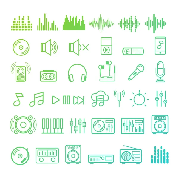 Conjunto de iconos musicales estilo de línea de color aislado sobre fondo blanco — Vector de stock