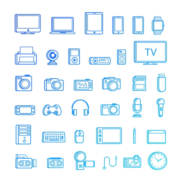 Ensemble de style de ligne d'icône de périphérique multimédia isolé sur fond blanc — Image vectorielle