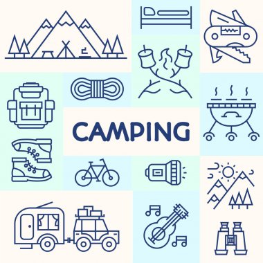Kart mavi çizgi stili oluşan bisiklet, kamp, dağ kamp, sırt çantası