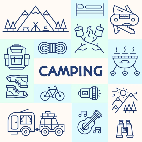 Camping card cyan line style consisting of bicycle, camper, mountain, backpack — Stock Vector