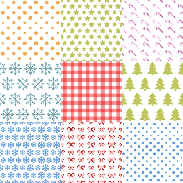 Weihnachtsmusterset verschiedenfarbig bestehend aus Weihnachtsbaum, Stern, Süßigkeiten — Stockvektor