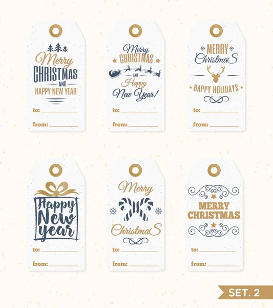 Etiquetas y etiquetas de Navidad conjunto de elementos vectoriales de color oro con dulces, santa y ciervos, copo de nieve — Vector de stock