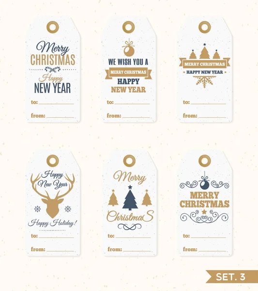 Etiquetas y etiquetas de Navidad conjunto de elementos vectoriales de color oro con árbol de Navidad, bola, dulces, ciervos — Vector de stock